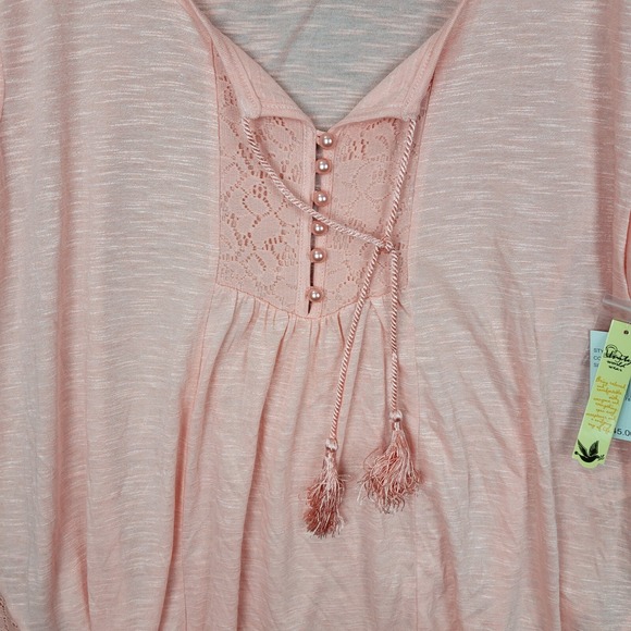 Unity World Wear Blouse Women's Large Peach Lace Trim Shark Tie Neck Cap Sleeve - Picture 3 of 12